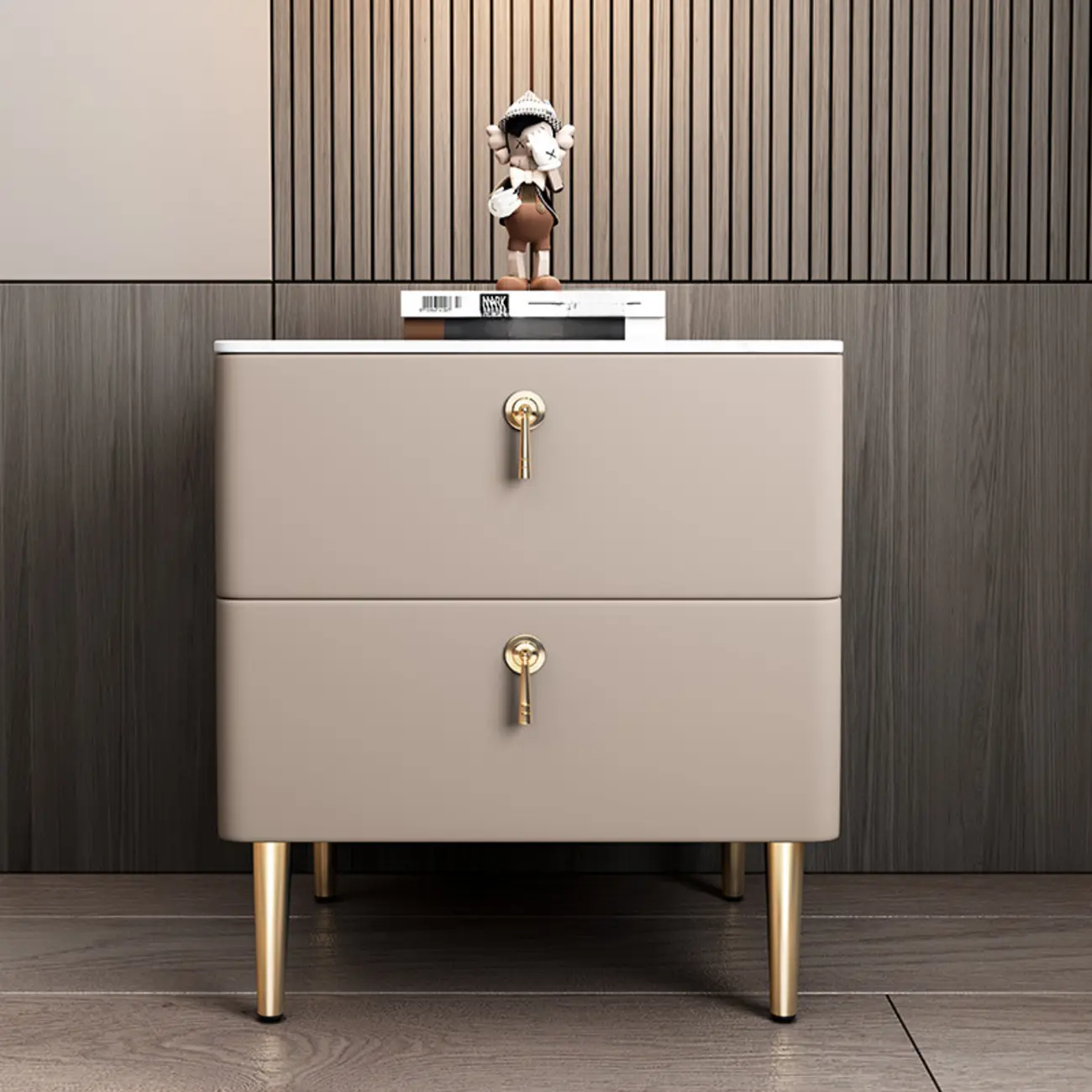 Modern Stone Top Gold Accents Leather 2 Drawer Nightstand Image - 2 | homeyfad