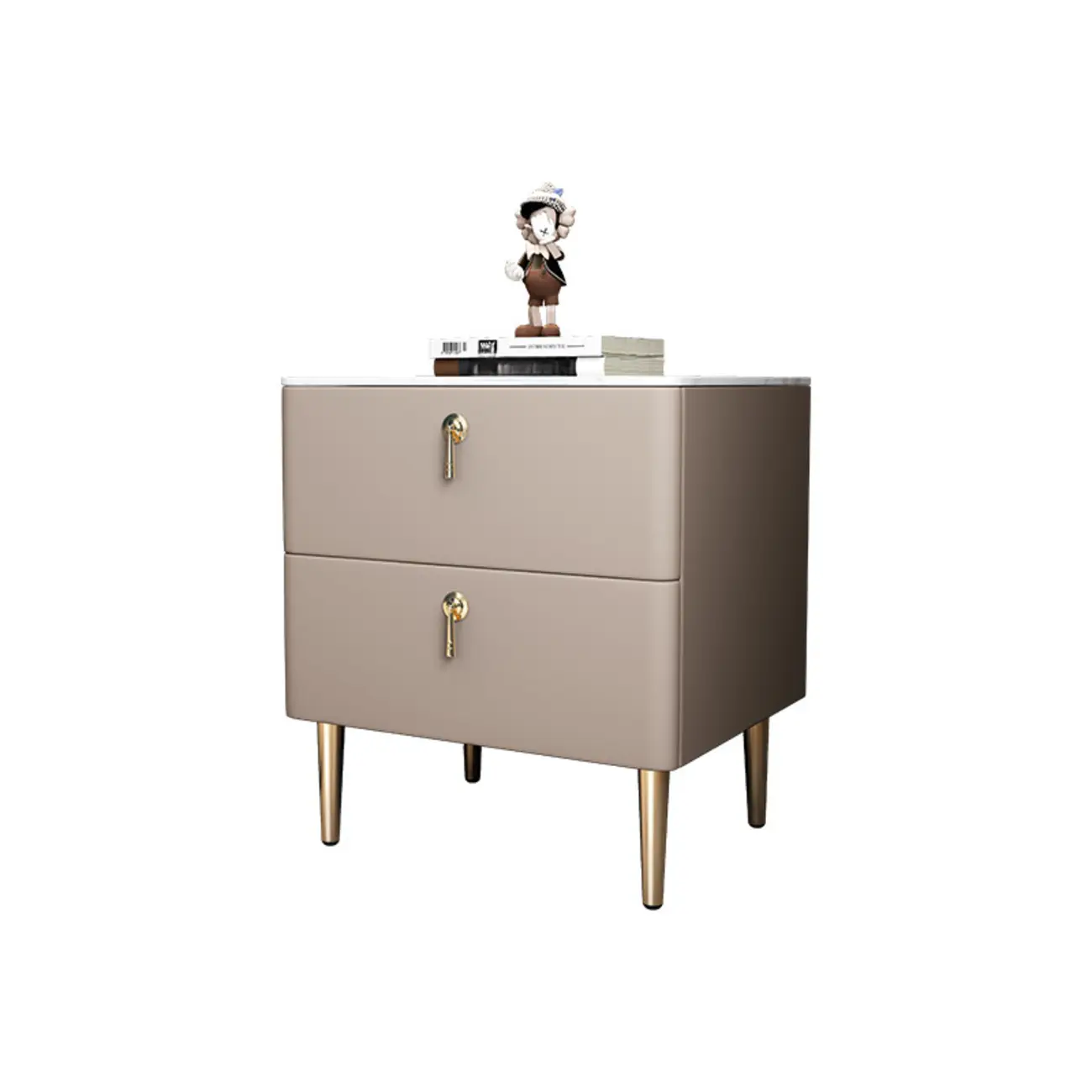 Modern Stone Top Gold Accents Leather 2 Drawer Nightstand Image - 12 | homeyfad