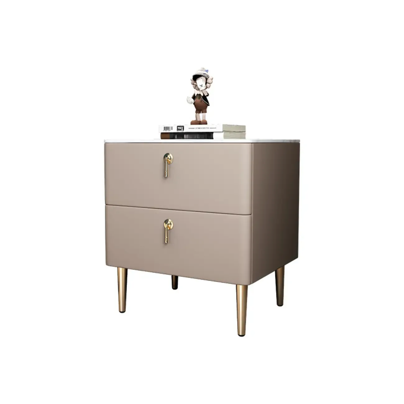 Modern Stone Top Gold Accents Leather 2 Drawer Nightstand Image - 12