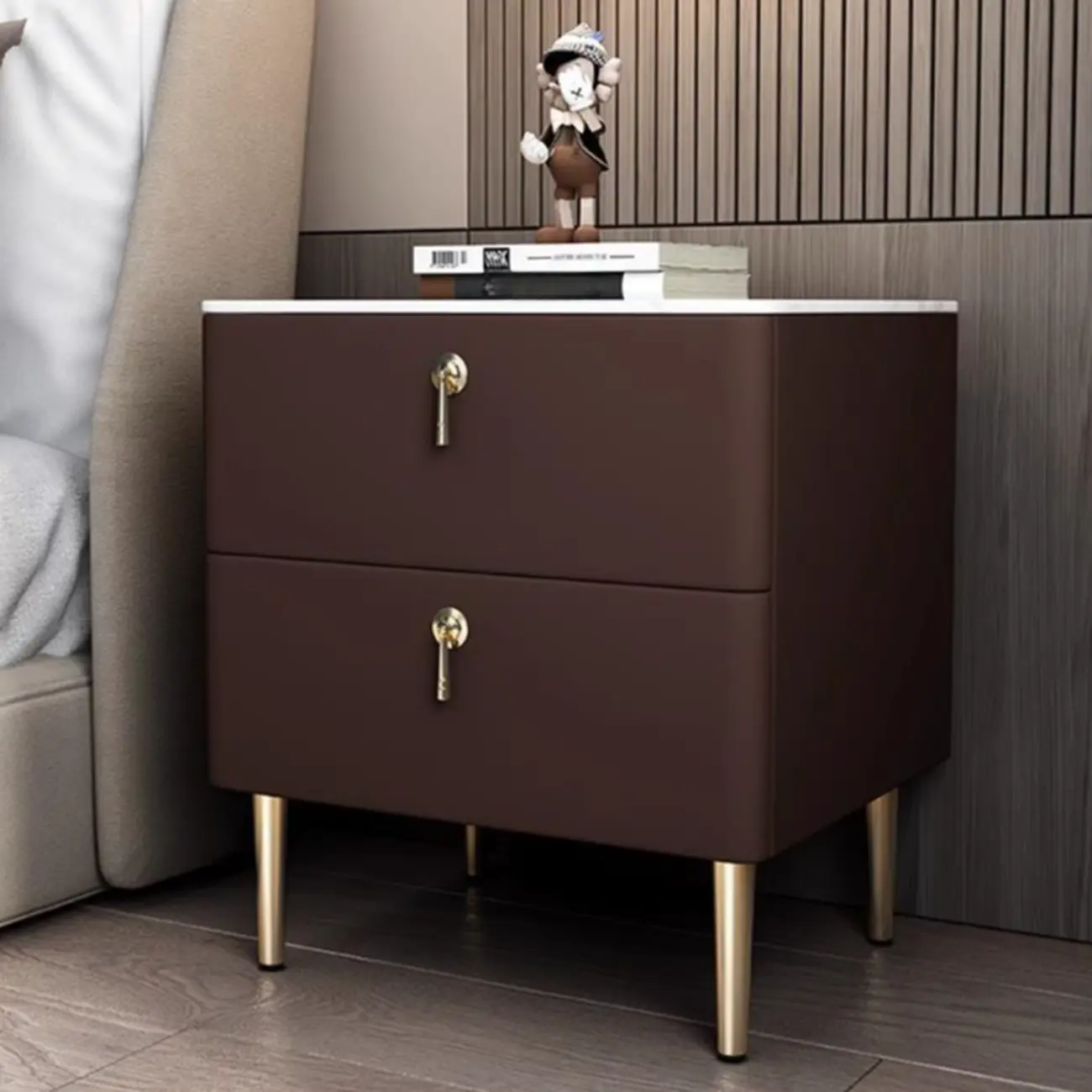 Modern Stone Top Gold Accents Leather 2 Drawer Nightstand Image - 3 | homeyfad