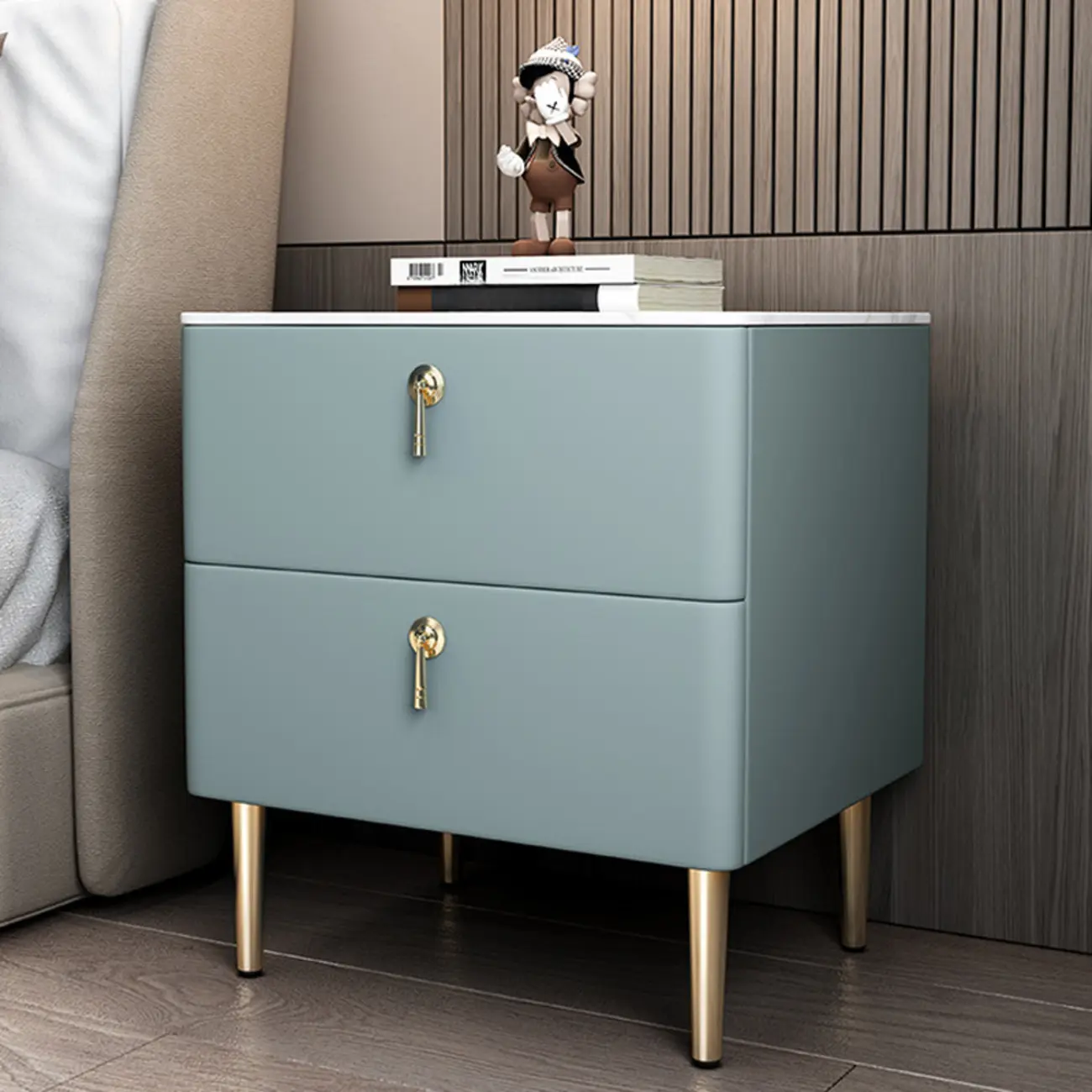 Modern Stone Top Gold Accents Leather 2 Drawer Nightstand Image - 4 | homeyfad