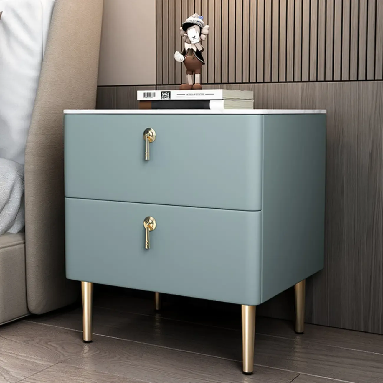 Modern Stone Top Gold Accents Leather 2 Drawer Nightstand Image - 4