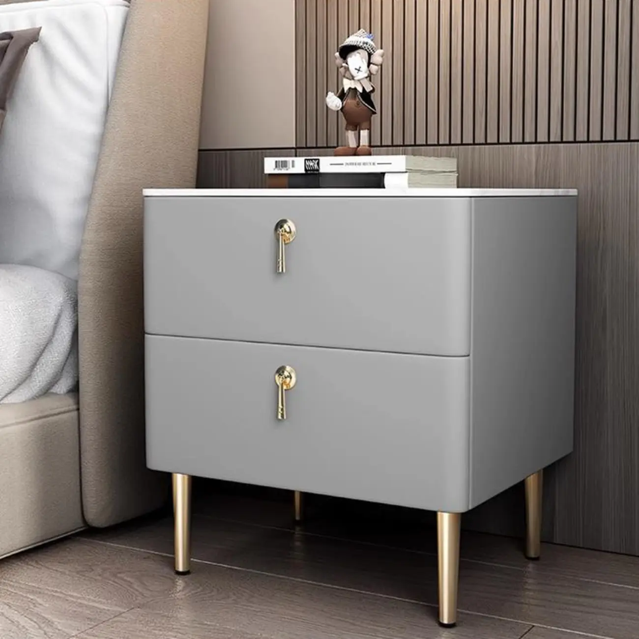 Modern Stone Top Gold Accents Leather 2 Drawer Nightstand Image - 5 | homeyfad