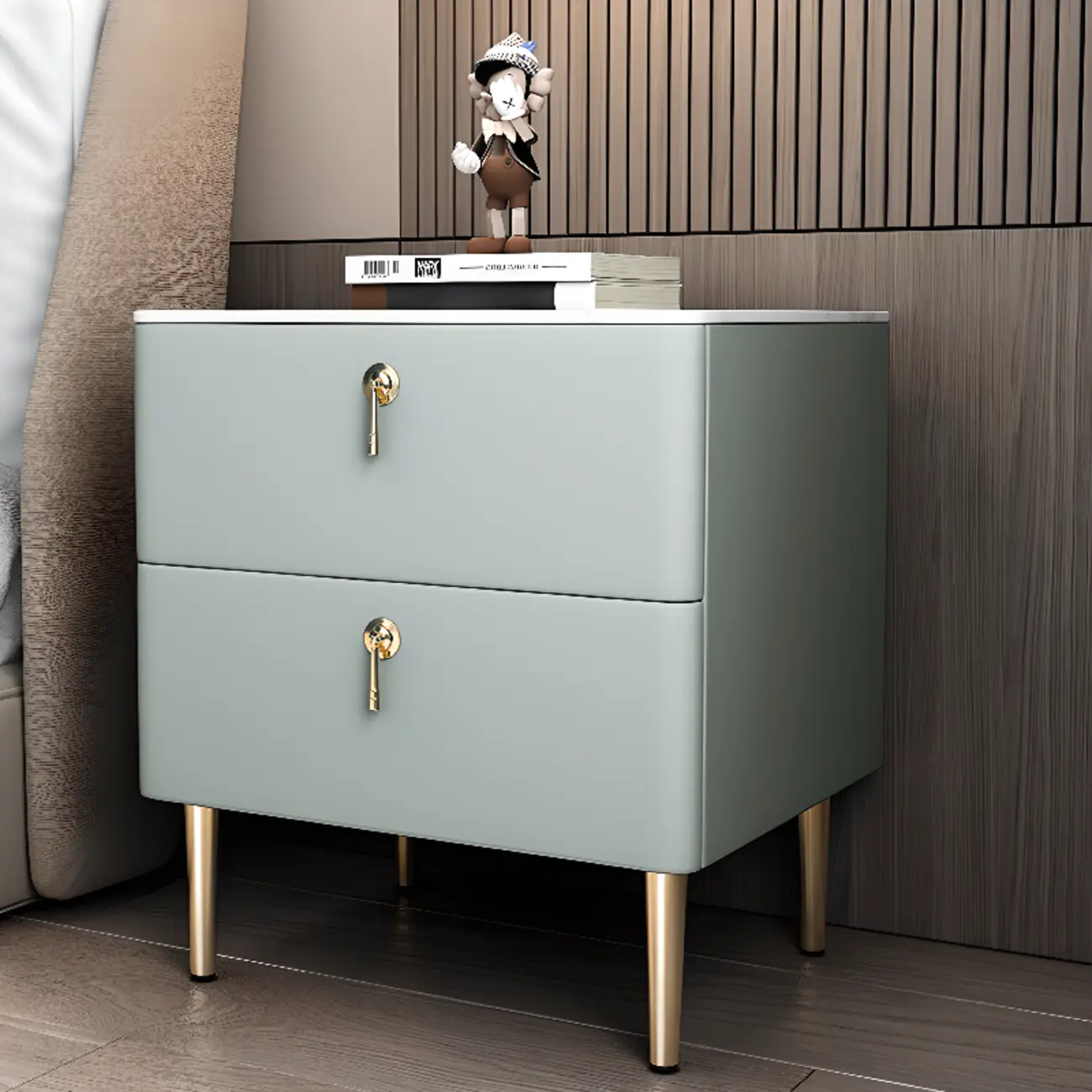 Modern Stone Top Gold Accents Leather 2 Drawer Nightstand Image - 6 | homeyfad