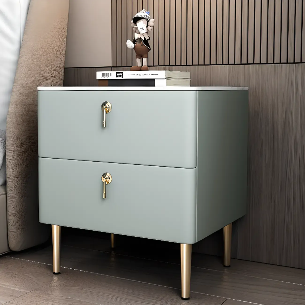 Modern Stone Top Gold Accents Leather 2 Drawer Nightstand Image - 6