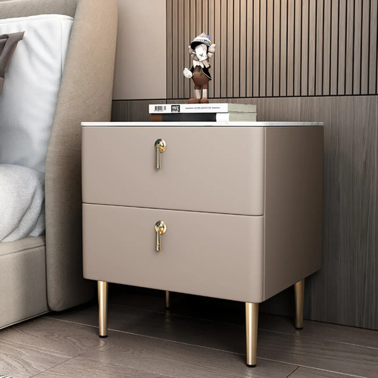 Modern Stone Top Gold Accents Leather 2 Drawer Nightstand Image - 7