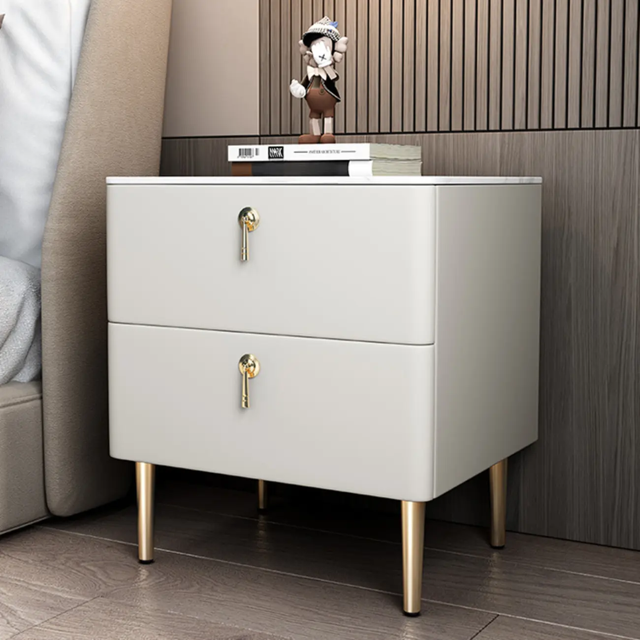 Modern Stone Top Gold Accents Leather 2 Drawer Nightstand Image - 8 | homeyfad