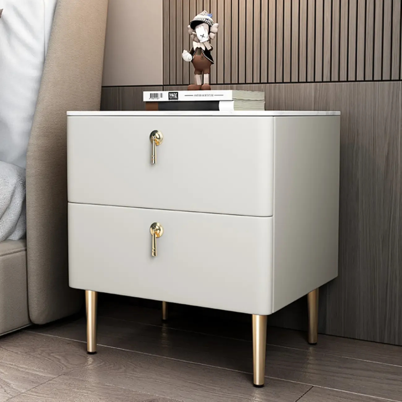 Modern Stone Top Gold Accents Leather 2 Drawer Nightstand Image - 8