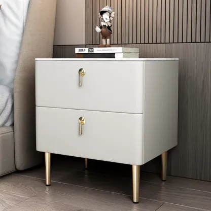 Modern Stone Top Gold Accents Leather 2 Drawer Nightstand Image - 8