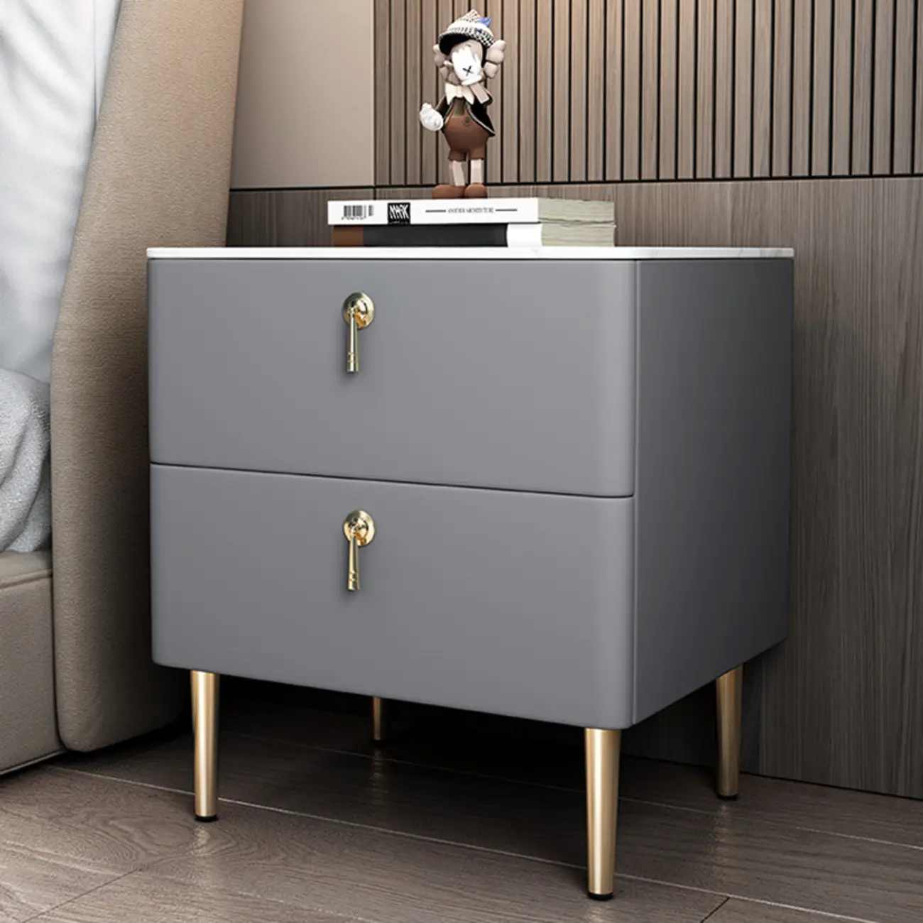 Modern Stone Top Gold Accents Leather 2 Drawer Nightstand Image - 9 | homeyfad