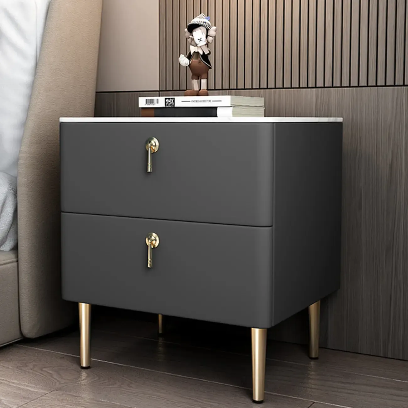 Modern Stone Top Gold Accents Leather 2 Drawer Nightstand Image - 10