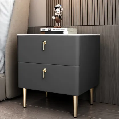 Modern Stone Top Gold Accents Leather 2 Drawer Nightstand Image - 10