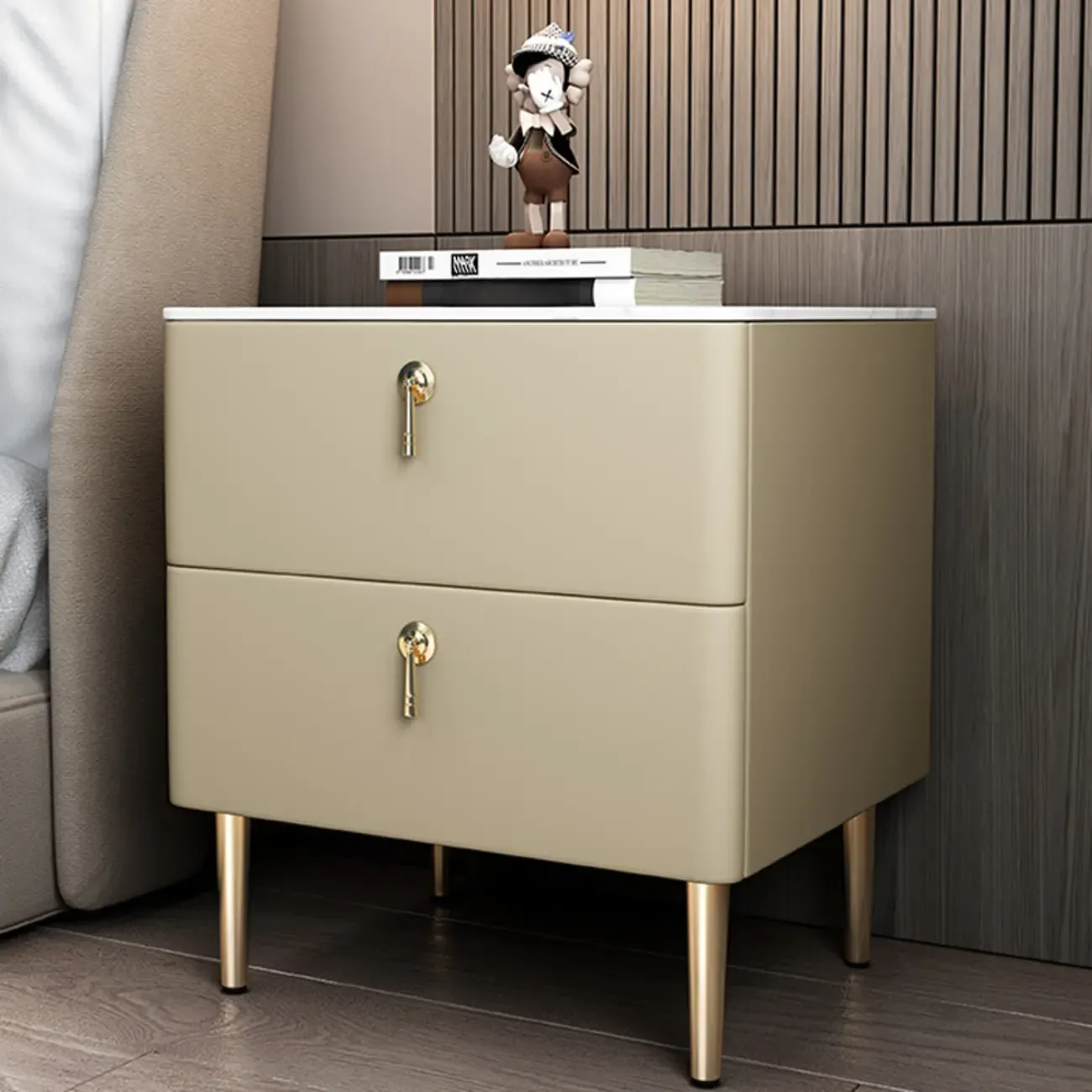 Modern Stone Top Gold Accents Leather 2 Drawer Nightstand Image - 11