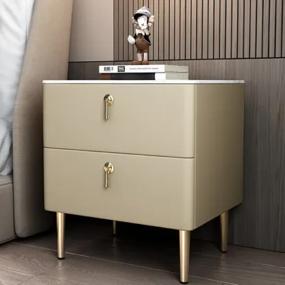 Modern Stone Top Gold Accents Leather 2 Drawer Nightstand Image - 11