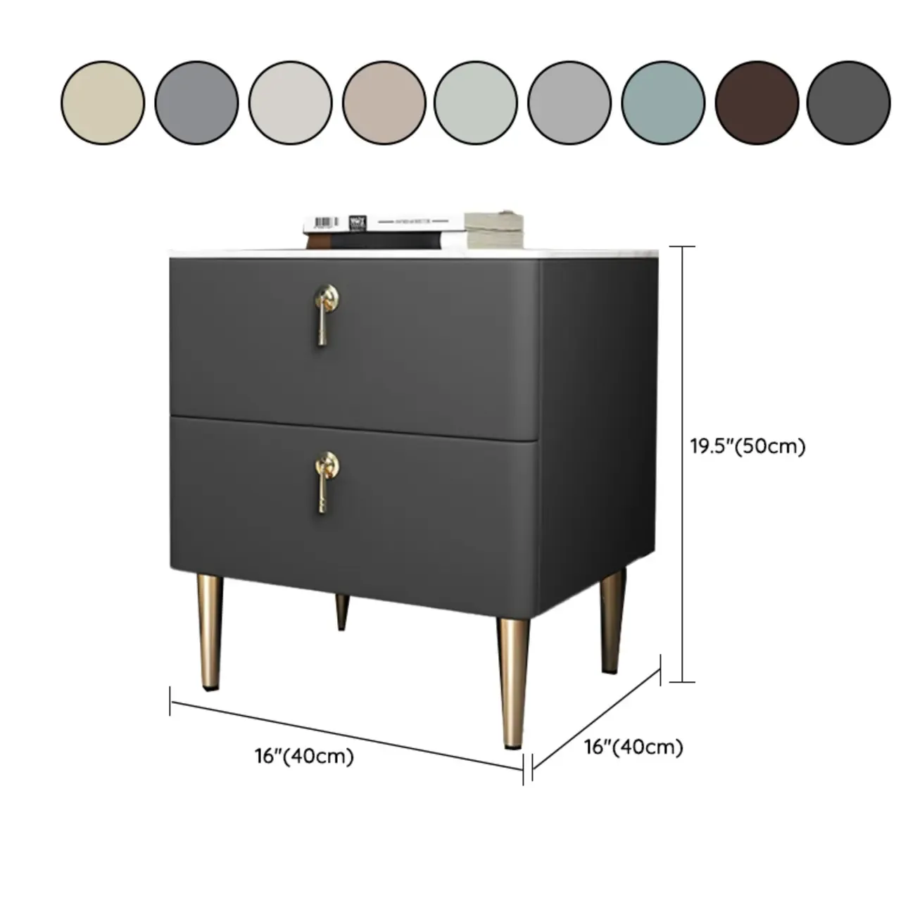 Modern Stone Top Gold Accents Leather 2 Drawer Nightstand #size
