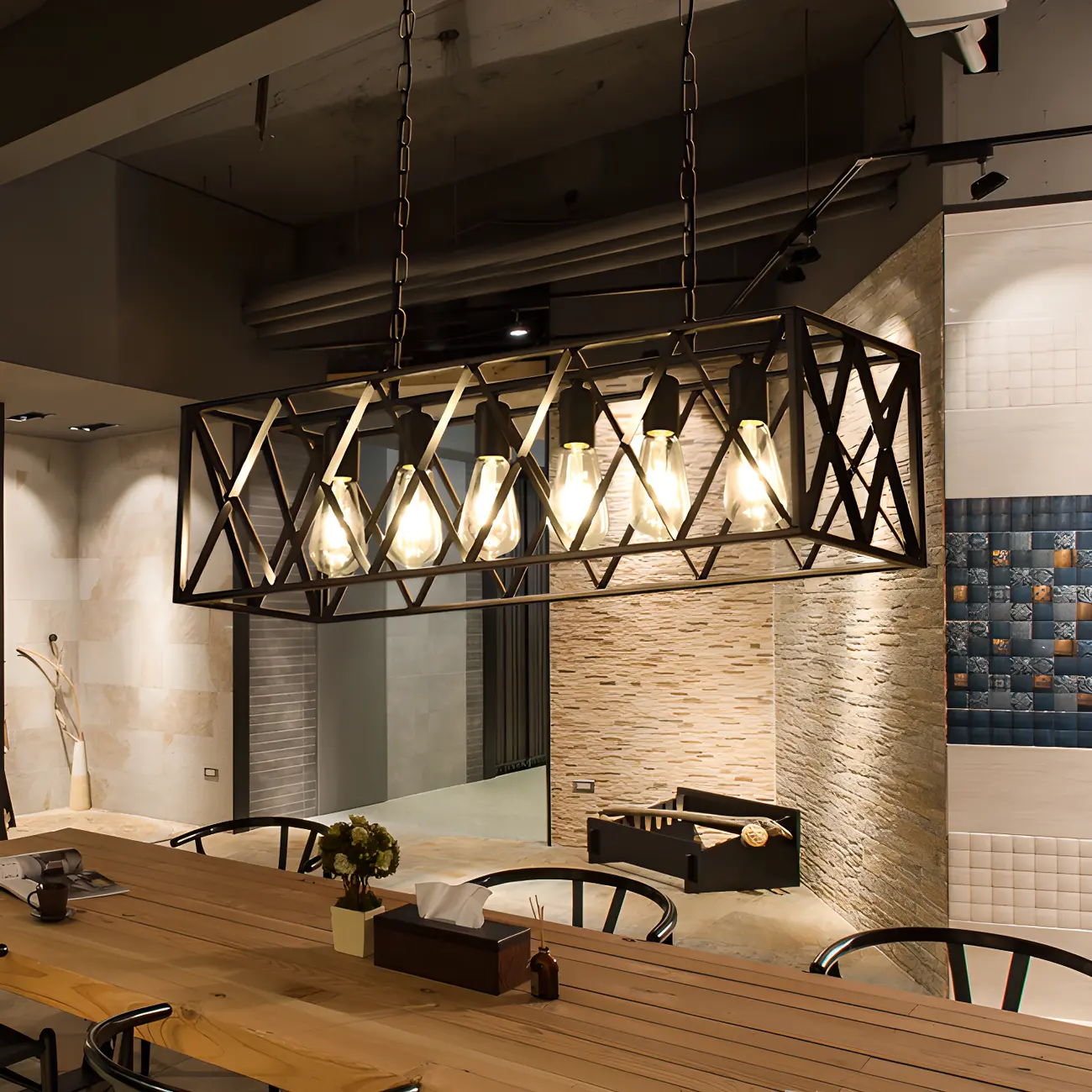 Rustic Iron Black 6-Light Chain Island Pendant Image - 3 | homeyfad