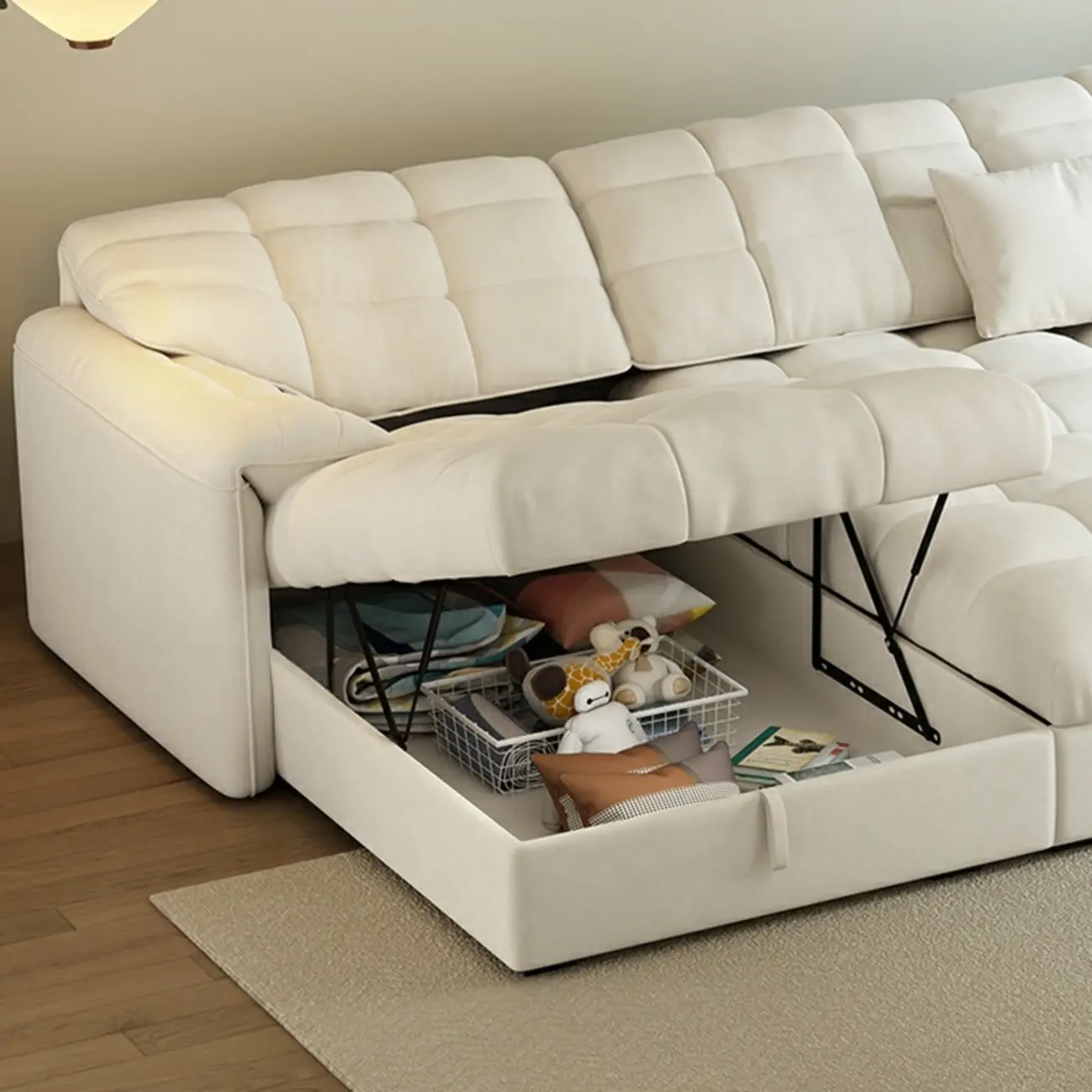 Beige Frosted Velvet Expandable Storage Sectional Couch  Image - 3 | homeyfad