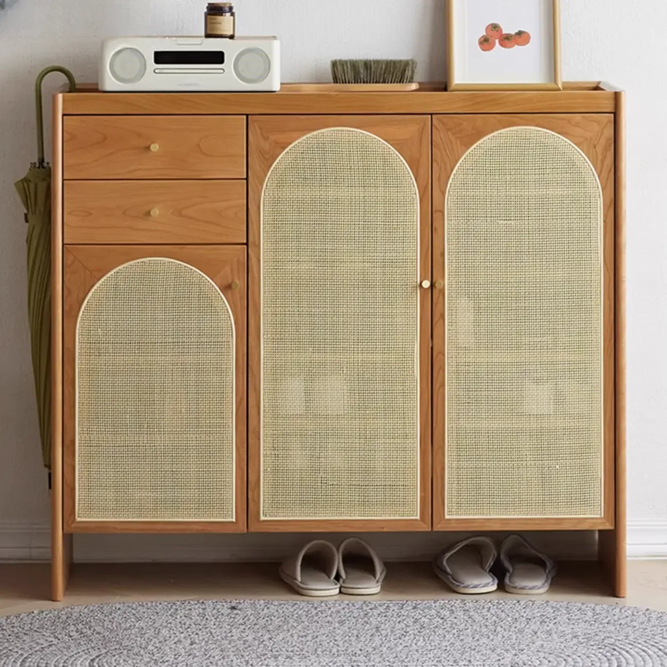 Bohemian Wood Arched Rattan Shoe Cabinet for Hallway Image - 1