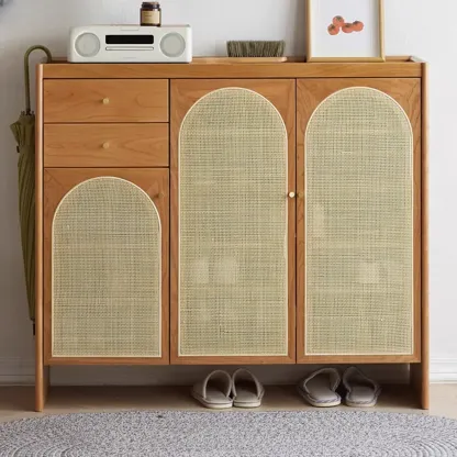 Bohemian Wood Arched Rattan Shoe Cabinet for Hallway Image - 1