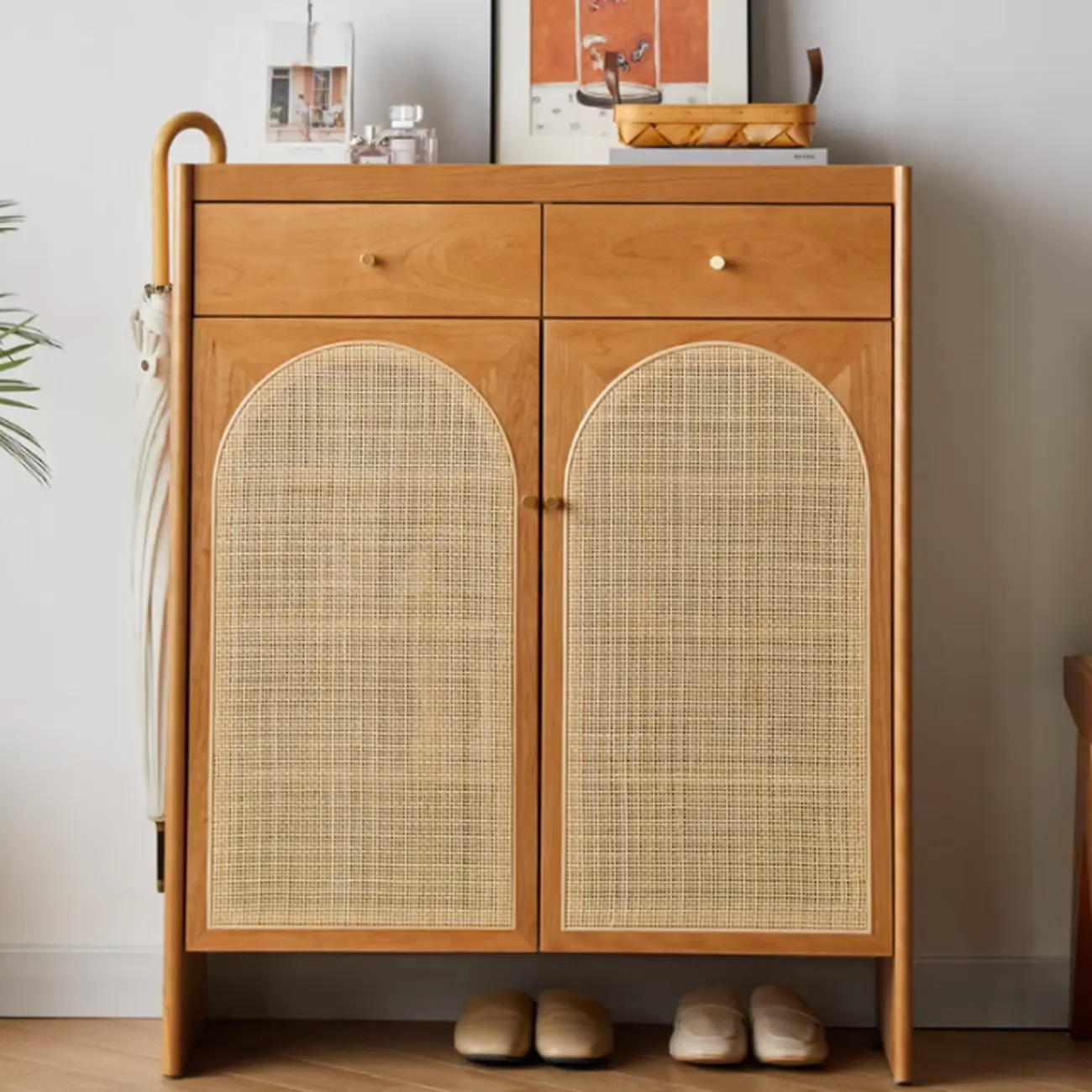 Bohemian Wood Arched Rattan Shoe Cabinet for Hallway Image - 2 | homeyfad