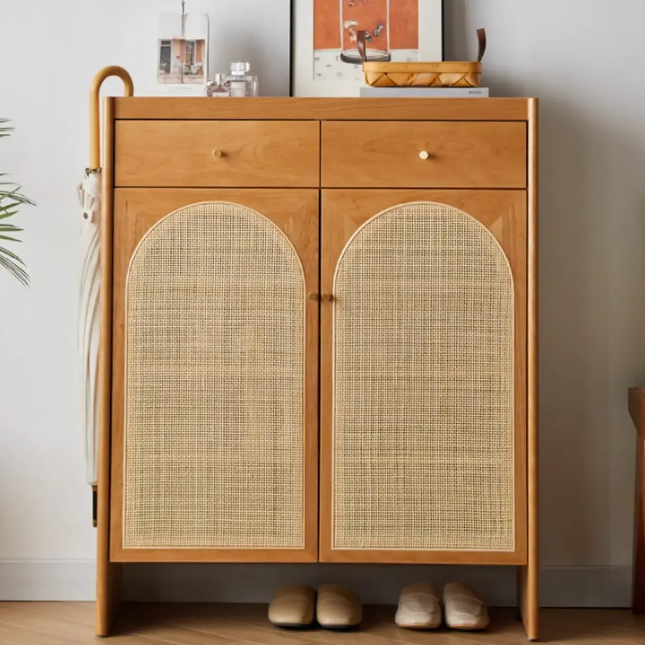 Bohemian Wood Arched Rattan Shoe Cabinet for Hallway Image - 2