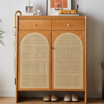 Bohemian Wood Arched Rattan Shoe Cabinet for Hallway Image - 2