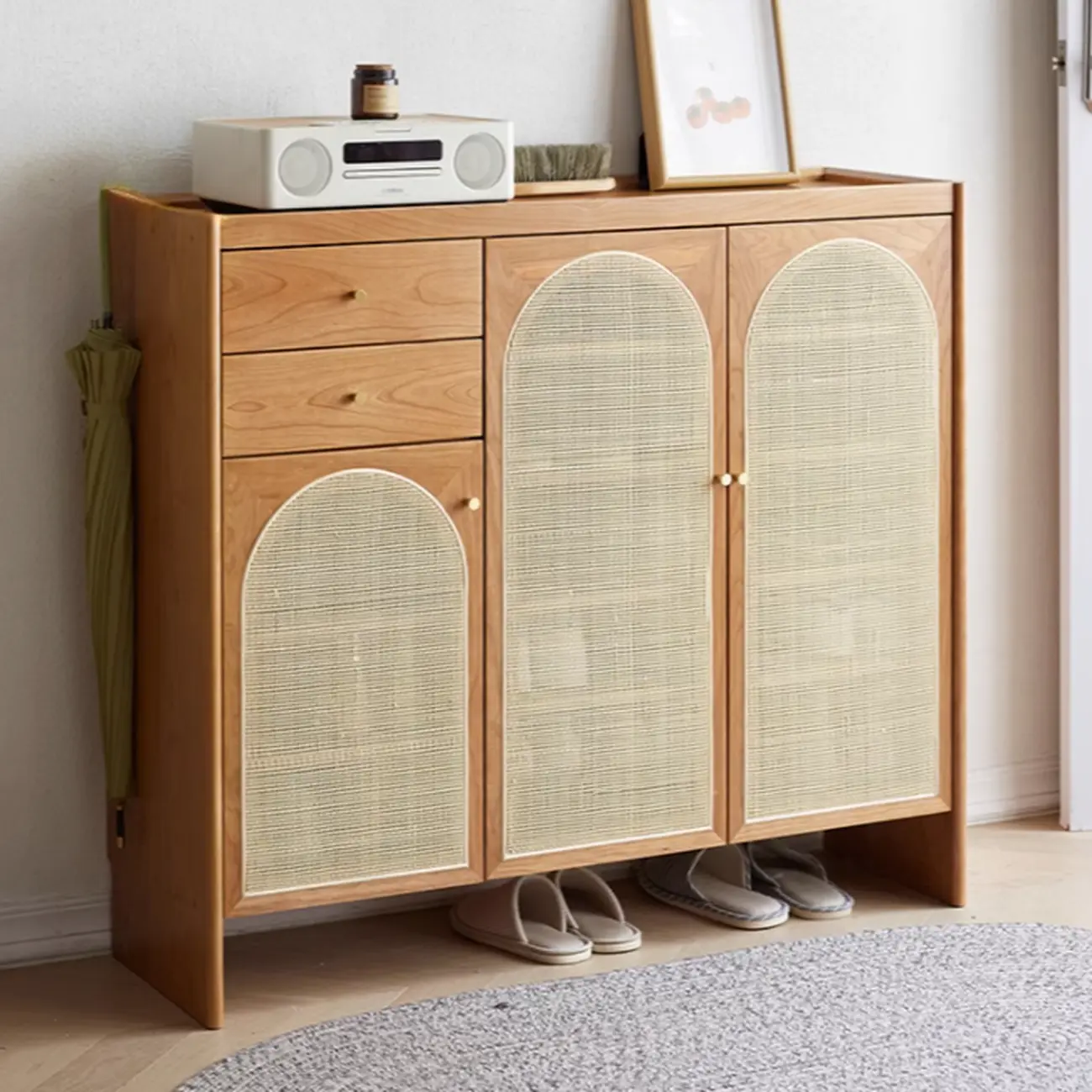 Bohemian Wood Arched Rattan Shoe Cabinet for Hallway Image - 3 | homeyfad