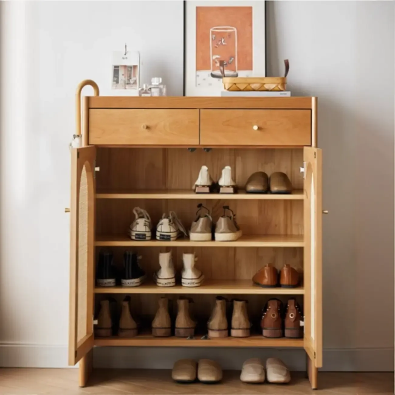 Bohemian Wood Arched Rattan Shoe Cabinet for Hallway Image - 4