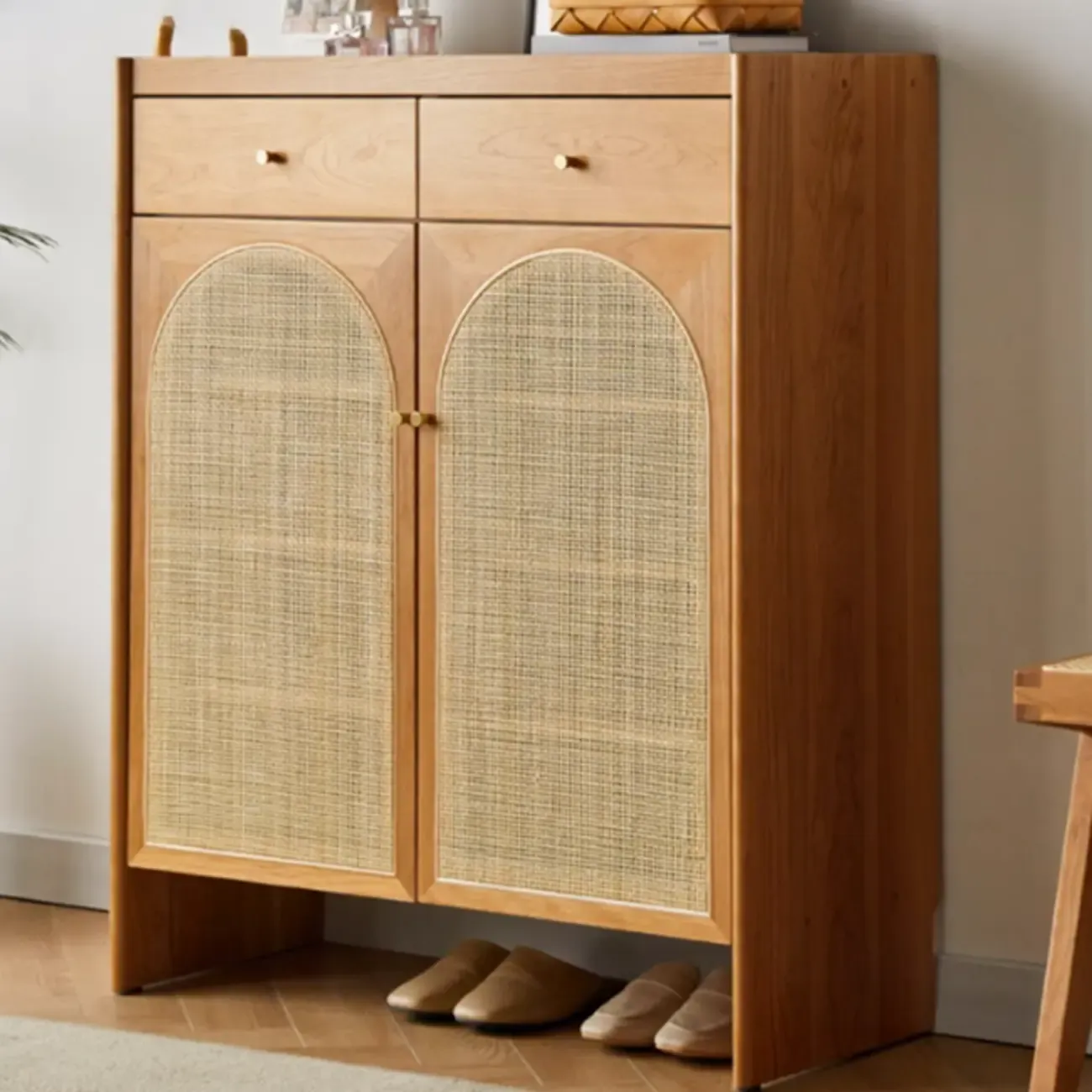 Bohemian Wood Arched Rattan Shoe Cabinet for Hallway Image - 5