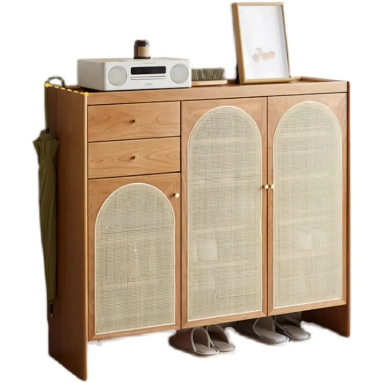 Bohemian Wood Arched Rattan Shoe Cabinet for Hallway Image - 6
