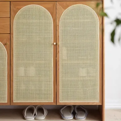 Bohemian Wood Arched Rattan Shoe Cabinet for Hallway Image - 8