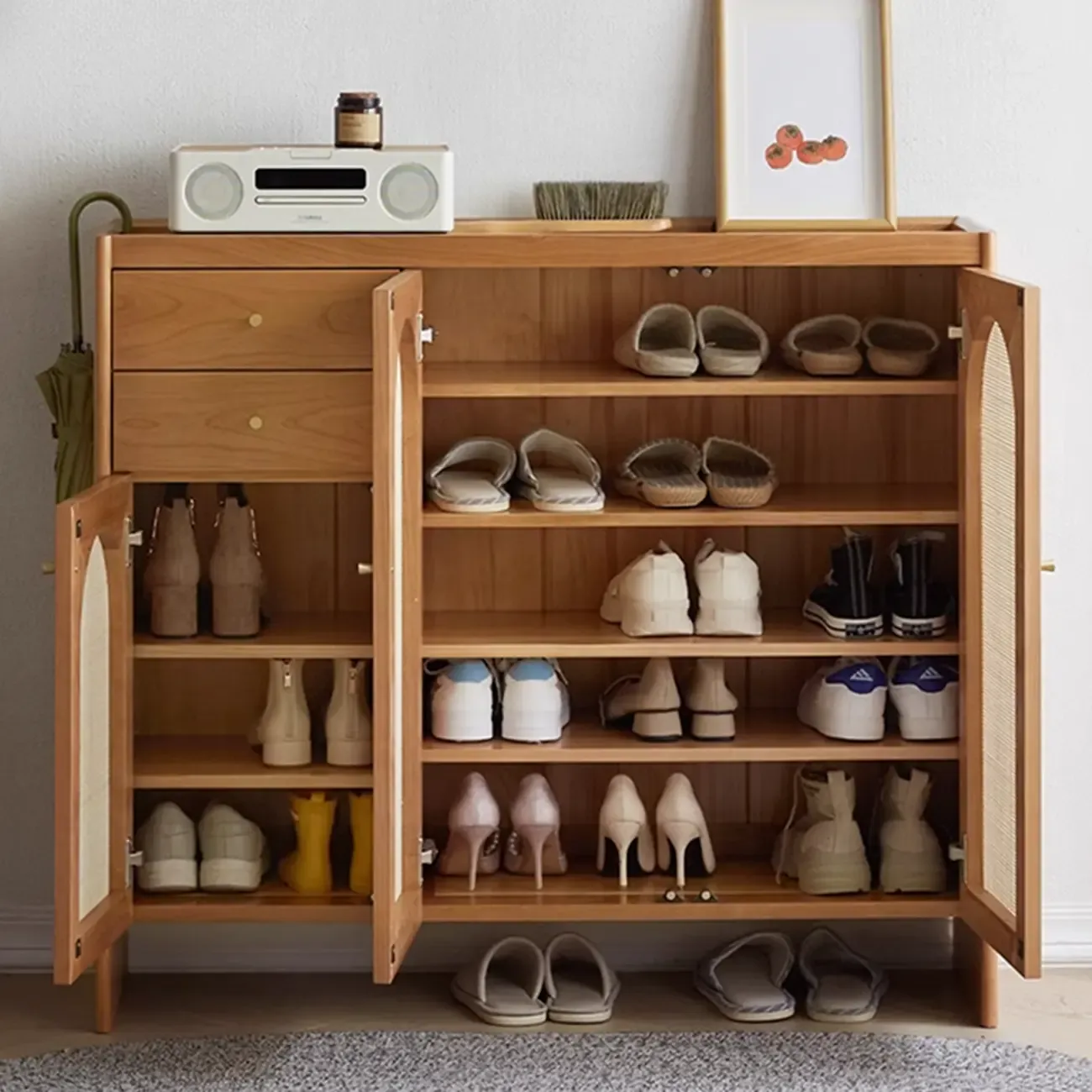 Bohemian Wood Arched Rattan Shoe Cabinet for Hallway Image - 9