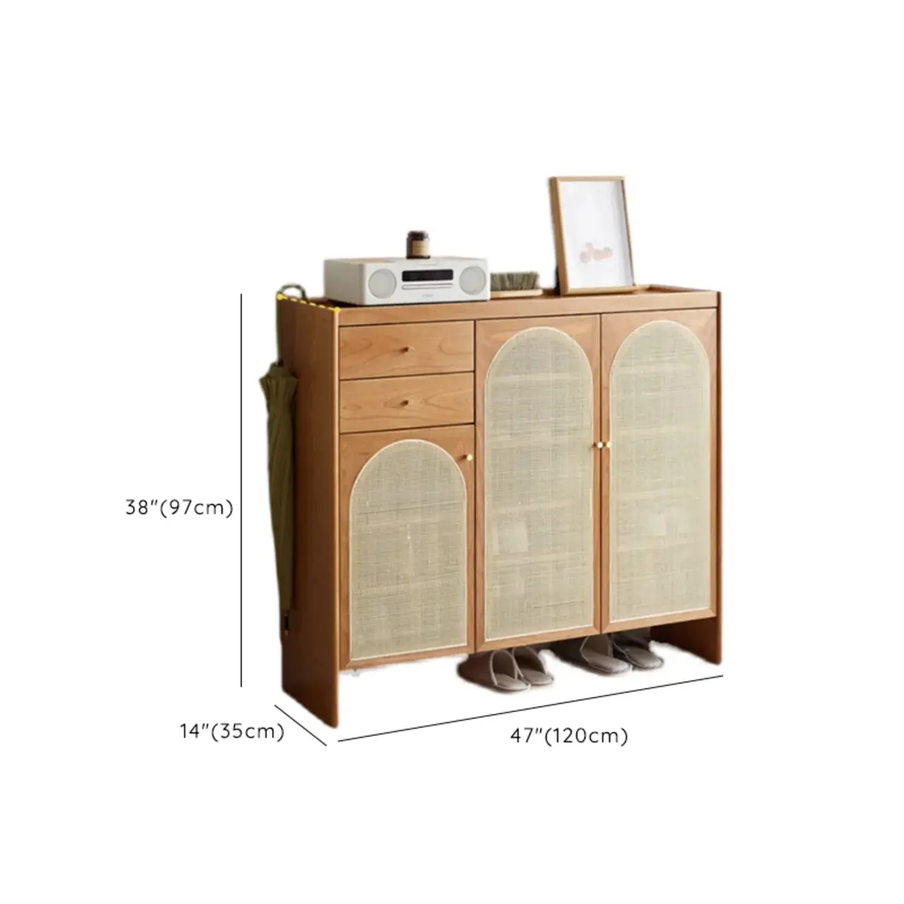 Bohemian Wood Arched Rattan Shoe Cabinet for Hallway Image - 11 | homeyfad