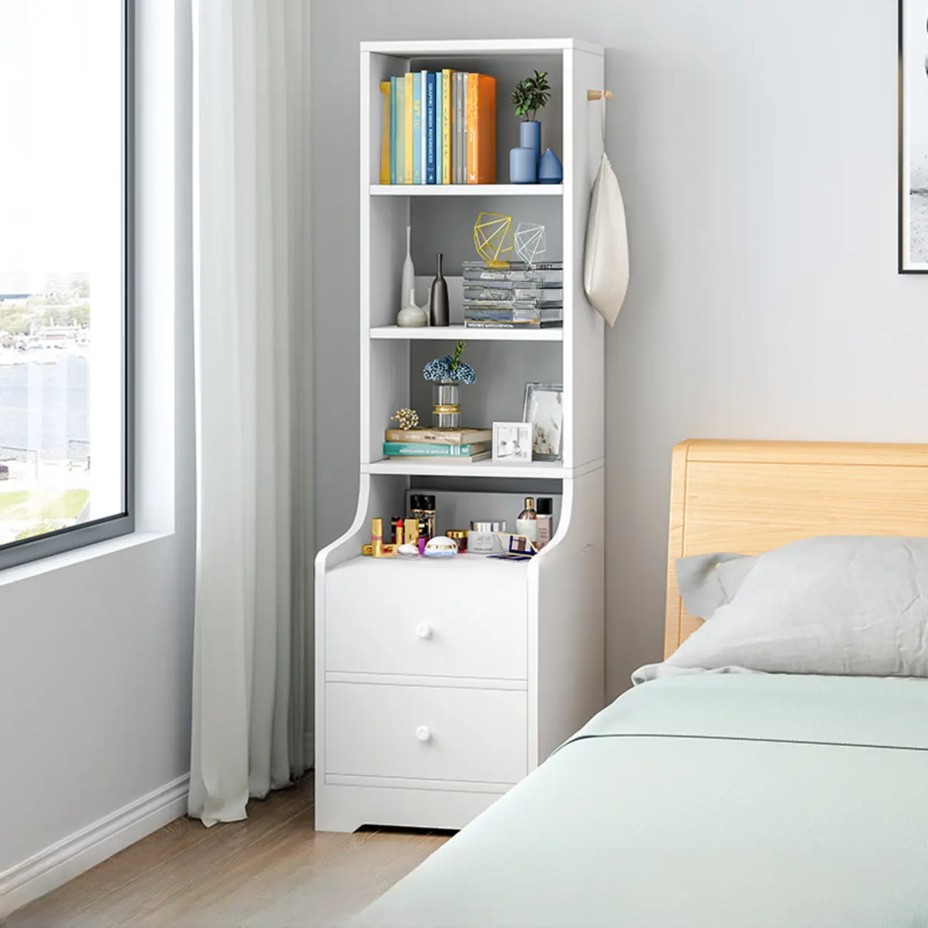 Modern Tall Wood Spacious Shelves 2-Drawer Nightstand Image - 1 | homeyfad