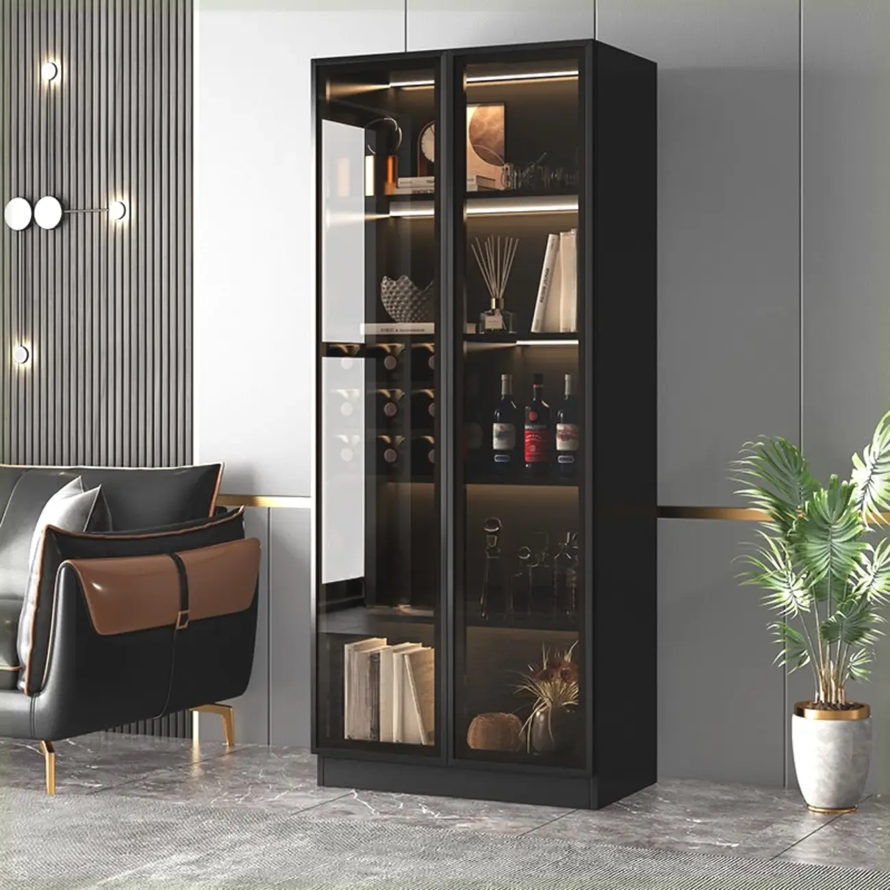 Large Modern Black Wood Wine Cabinet with Glass Doors Image - 2