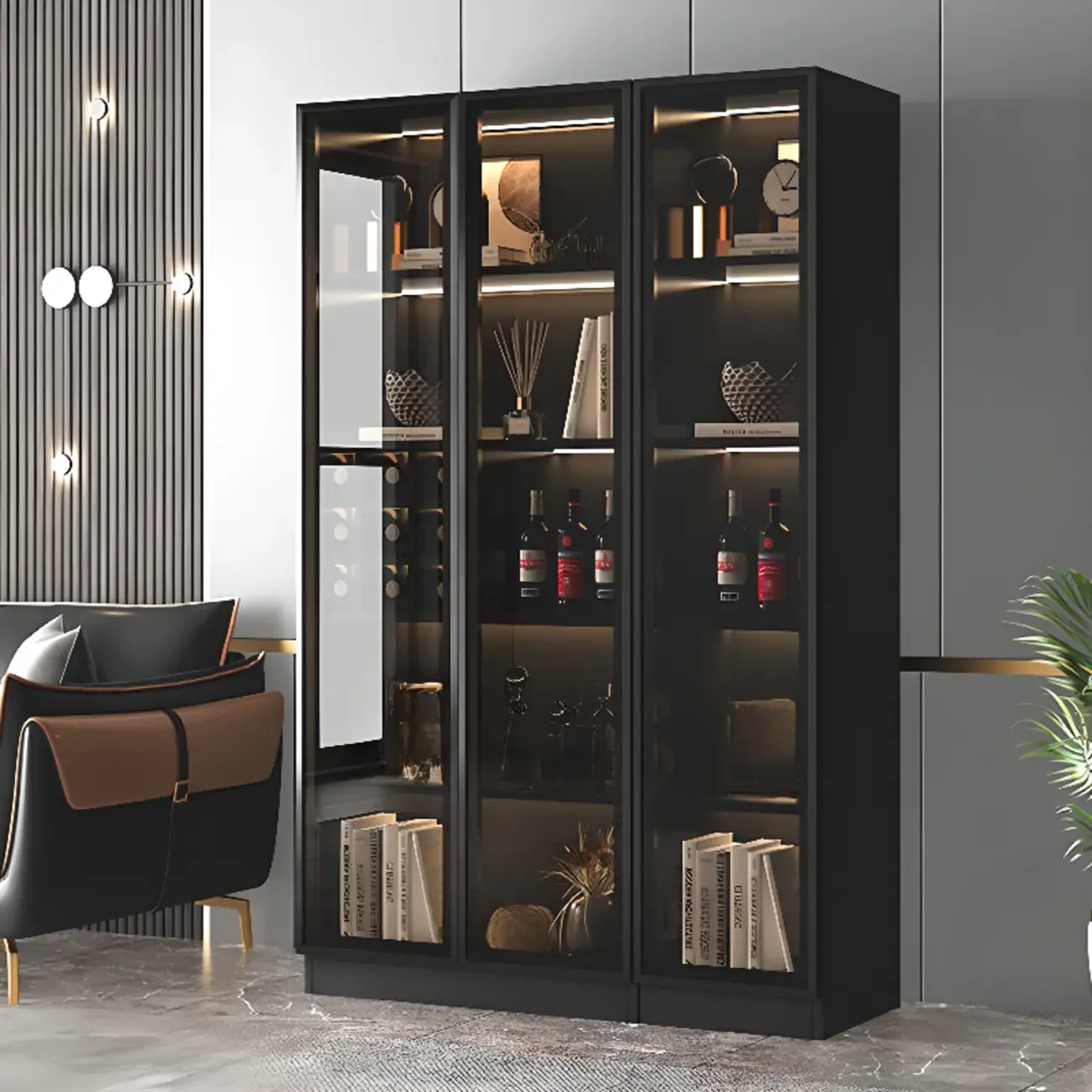 Large Modern Black Wood Wine Cabinet with Glass Doors Image - 1