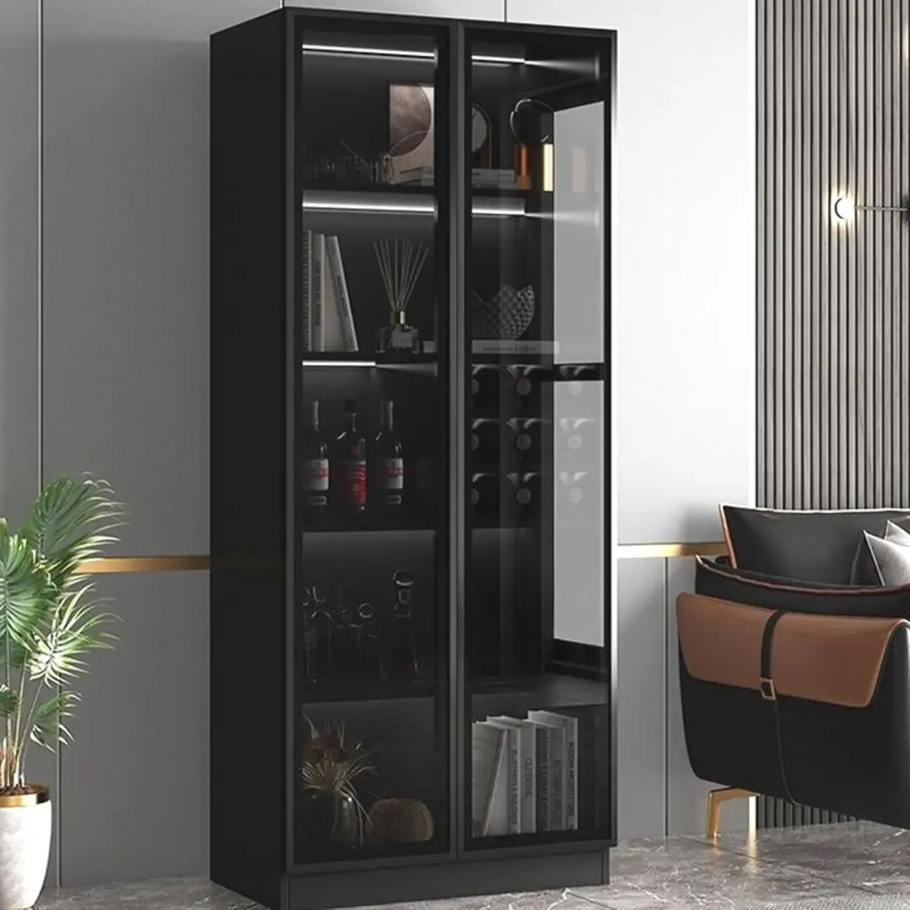 Large Modern Black Wood Wine Cabinet with Glass Doors Image - 3