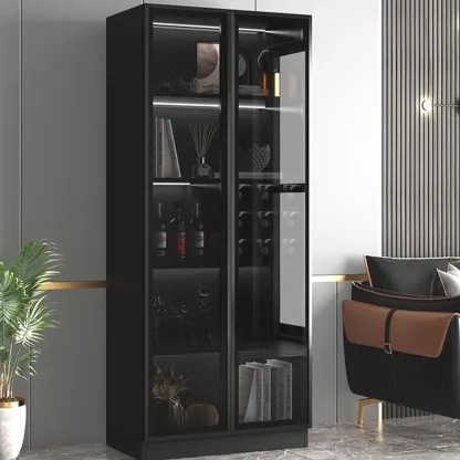 Large Modern Black Wood Wine Cabinet with Glass Doors Image - 3