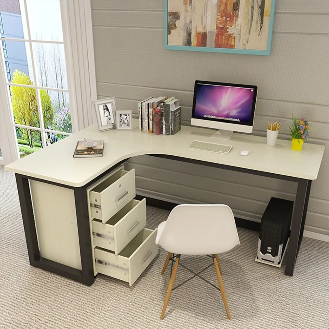 L-Shaped White Wooden 3-Drawers Office Desk Image - 2 | homeyfad