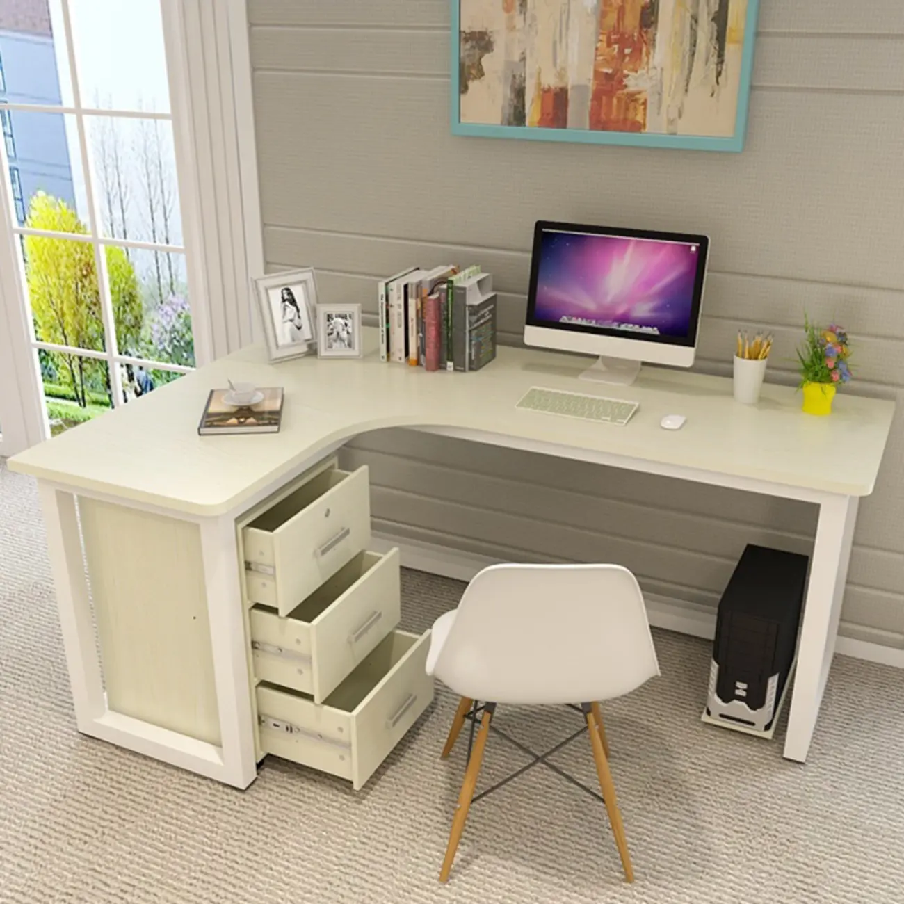 L-Shaped White Wooden 3-Drawers Office Desk Image - 1 | homeyfad