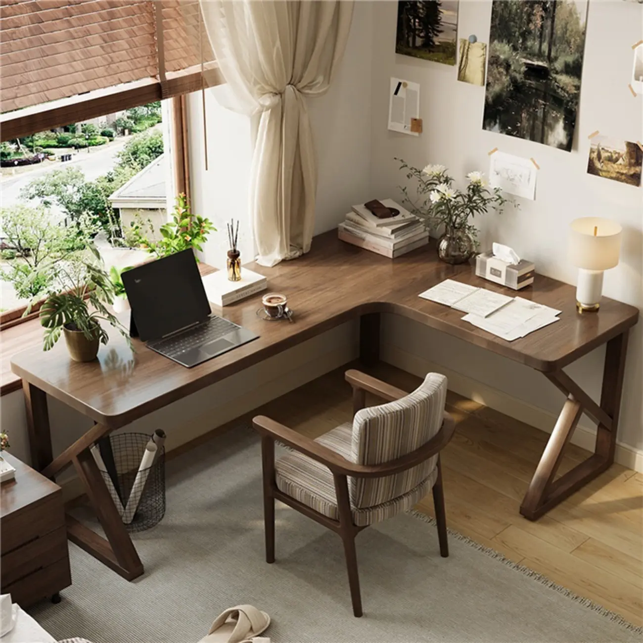 Sleek L-Shaped Wood Brown Trestle Base Writing Desk Image - 2 | homeyfad