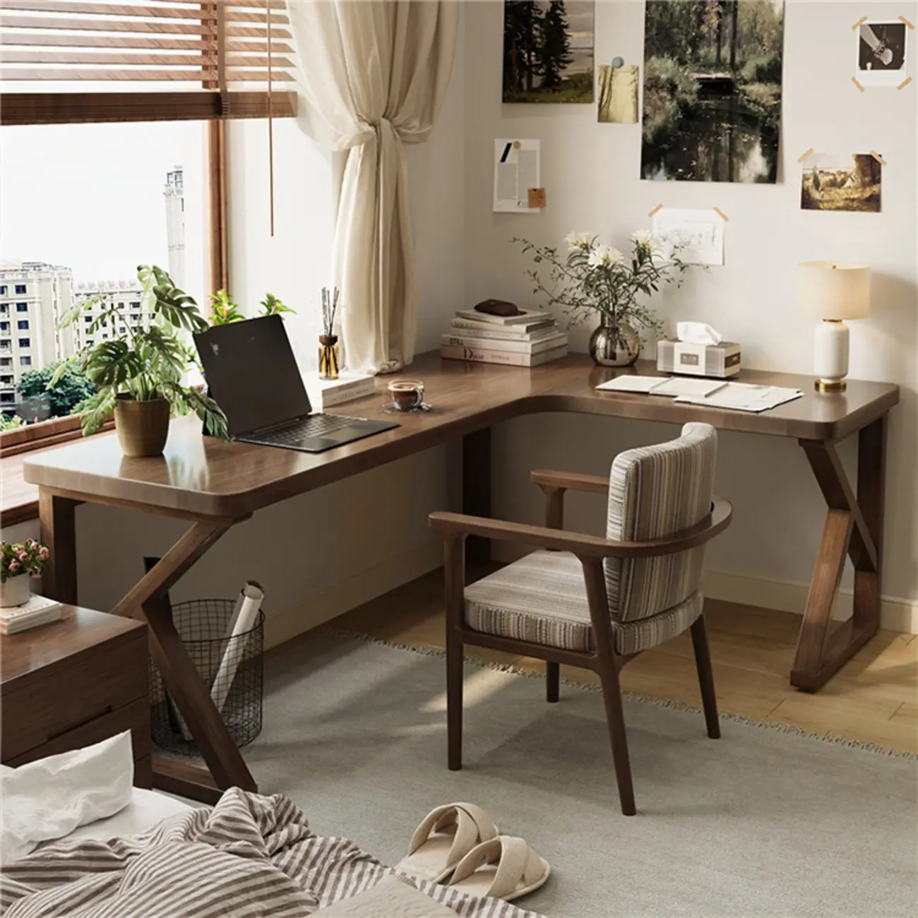 Sleek L-Shaped Wood Brown Trestle Base Writing Desk Image - 1 | homeyfad