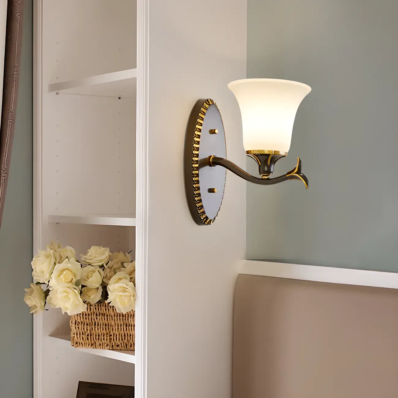 Vintage Gold Wall Light with Opalescent Glass Shade Image - 5