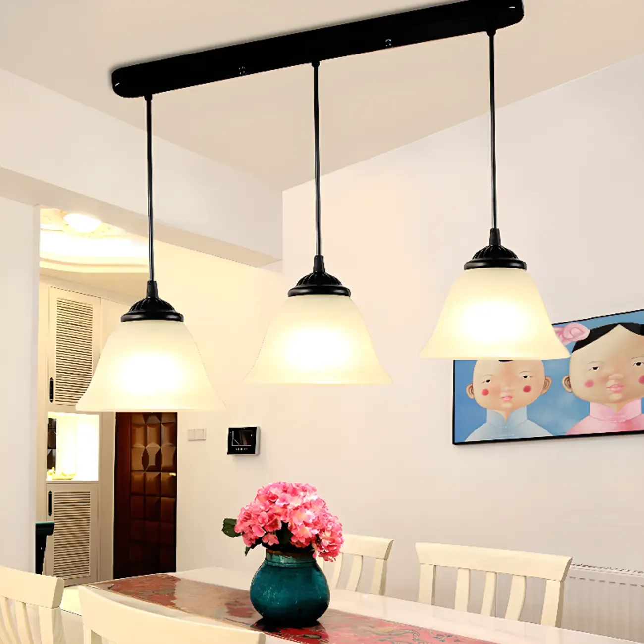 Modern Glass Island Pendant Light with Iron, 3-Lights Image - 3