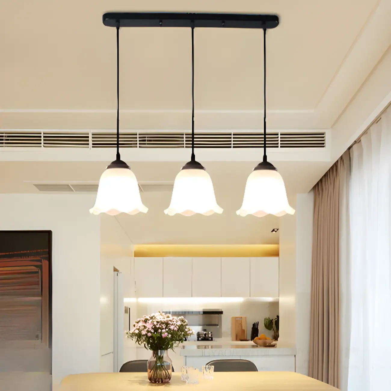 Modern Glass Island Pendant Light with Iron, 3-Lights Image - 1