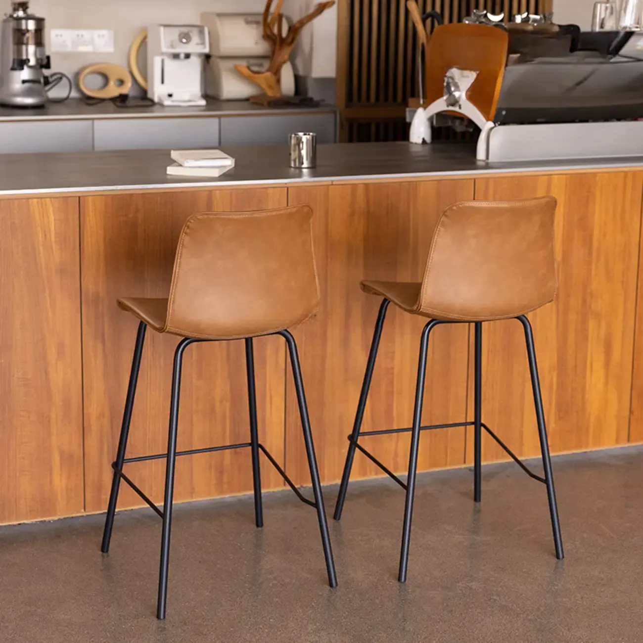 Simplistic Metal Frame Faux Leather Low Back Bar Stools Image - 1