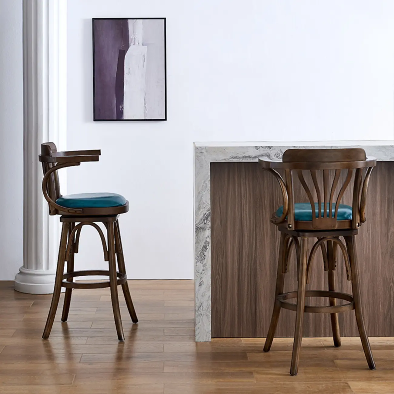 Antique Blue Leather Upholstered Rotatable Bar Stool | homeyfad