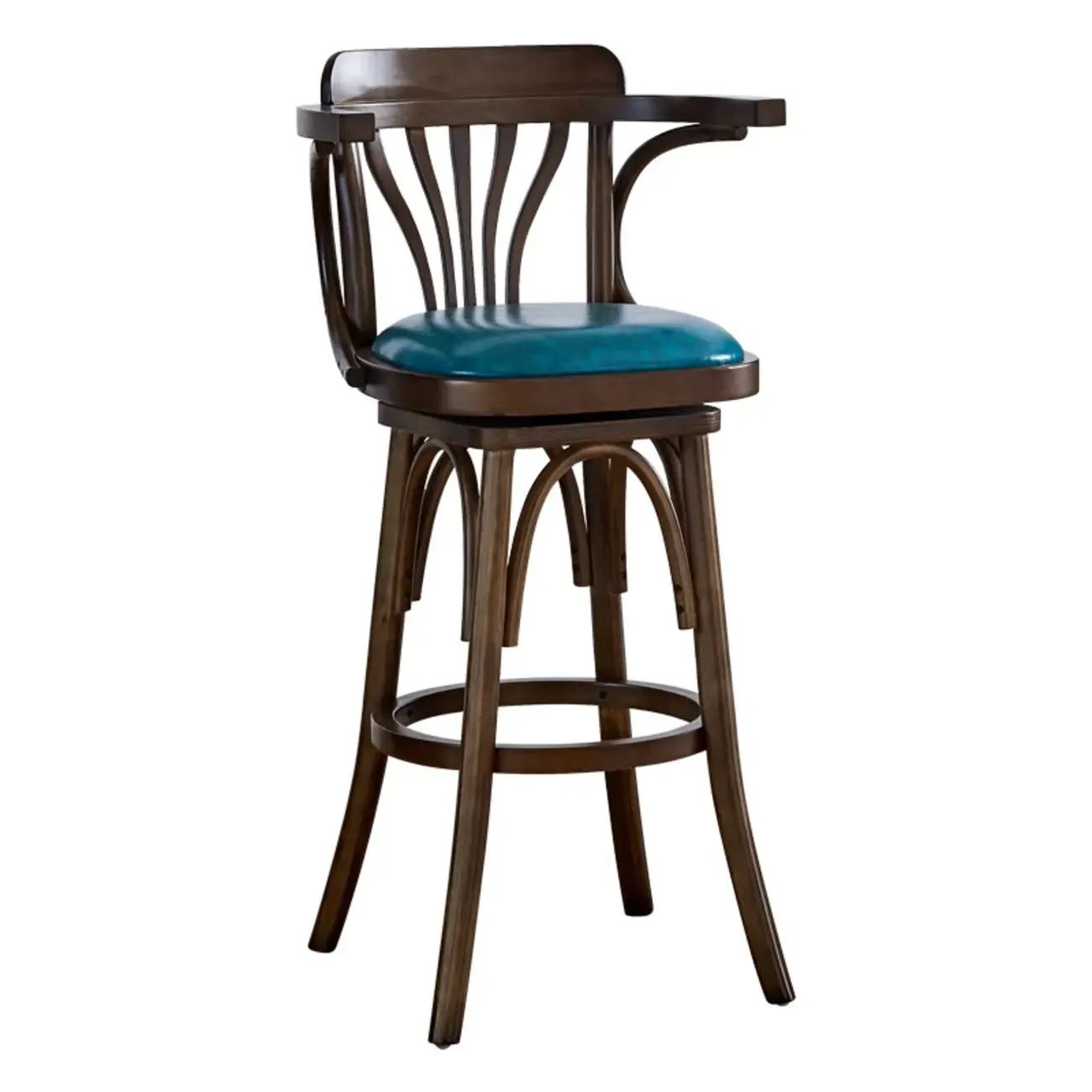 Antique Blue Leather Upholstered Rotatable Bar Stool