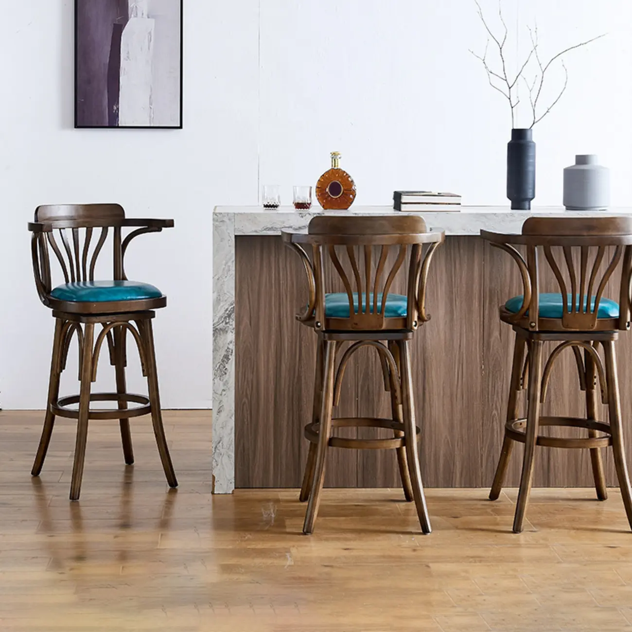 Antique Blue Leather Upholstered Rotatable Bar Stool | homeyfad