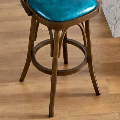 Antique Blue Leather Upholstered Rotatable Bar Stool